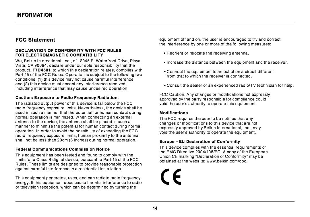 Belkin F7D4501 user manual Information, FCC Statement, Caution Exposure to Radio Frequency Radiation, Modifications 
