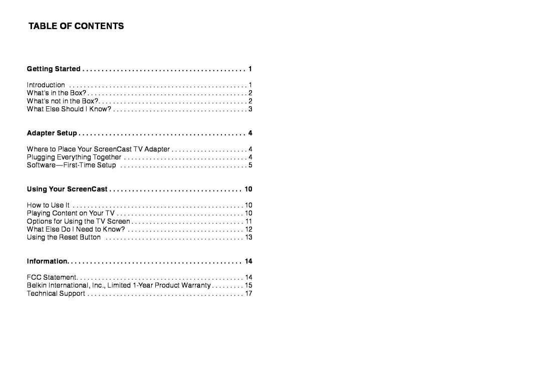 Belkin F7D4501 user manual Table Of Contents, Getting Started, Adapter Setup, Using Your ScreenCast, Information 