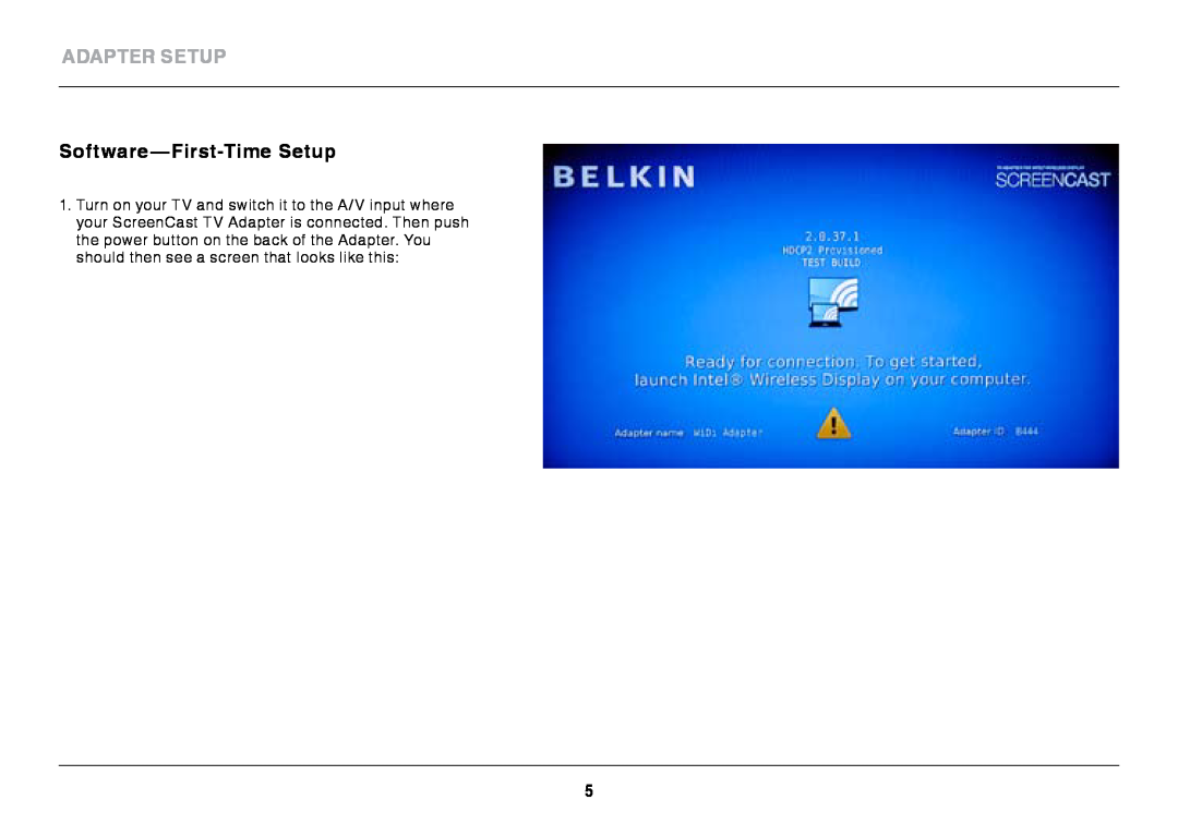 Belkin F7D4501 user manual Adapter Setup, Software-First-Time Setup 