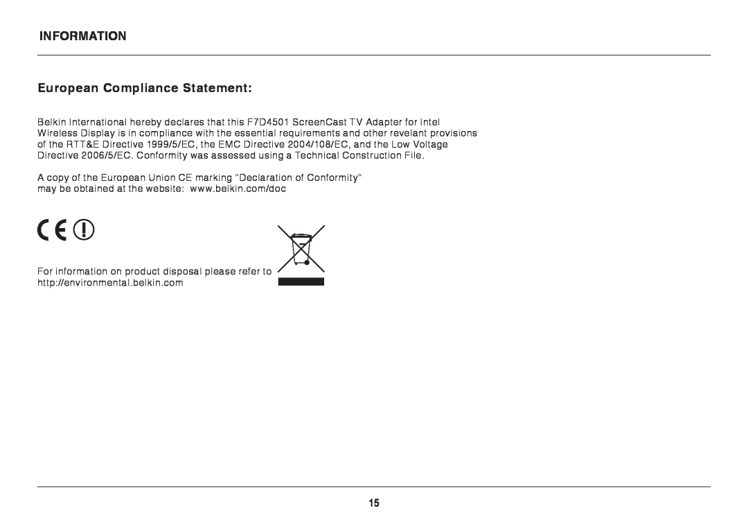 Belkin F7D4501 user manual Information European Compliance Statement 