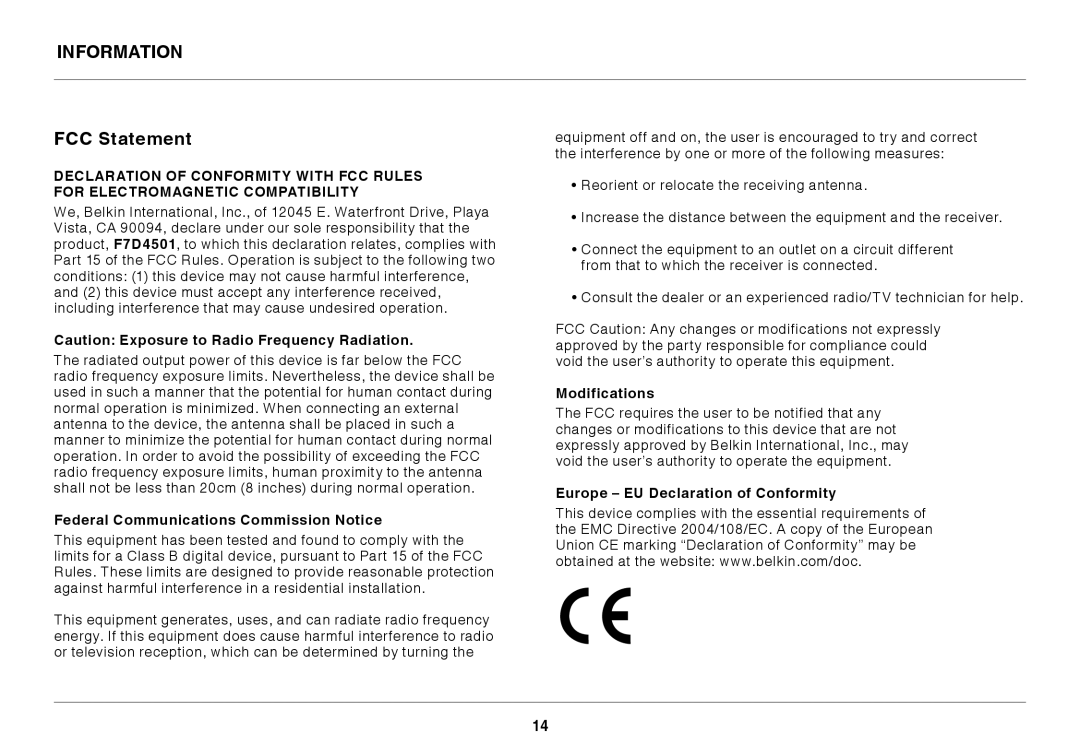 Belkin F7D4501 user manual Information FCC Statement, Federal Communications Commission Notice, Modifications 