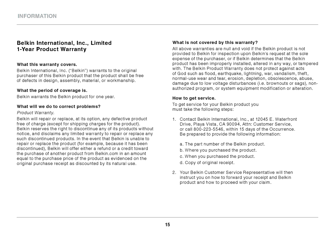 Belkin F7D4501 user manual Information 