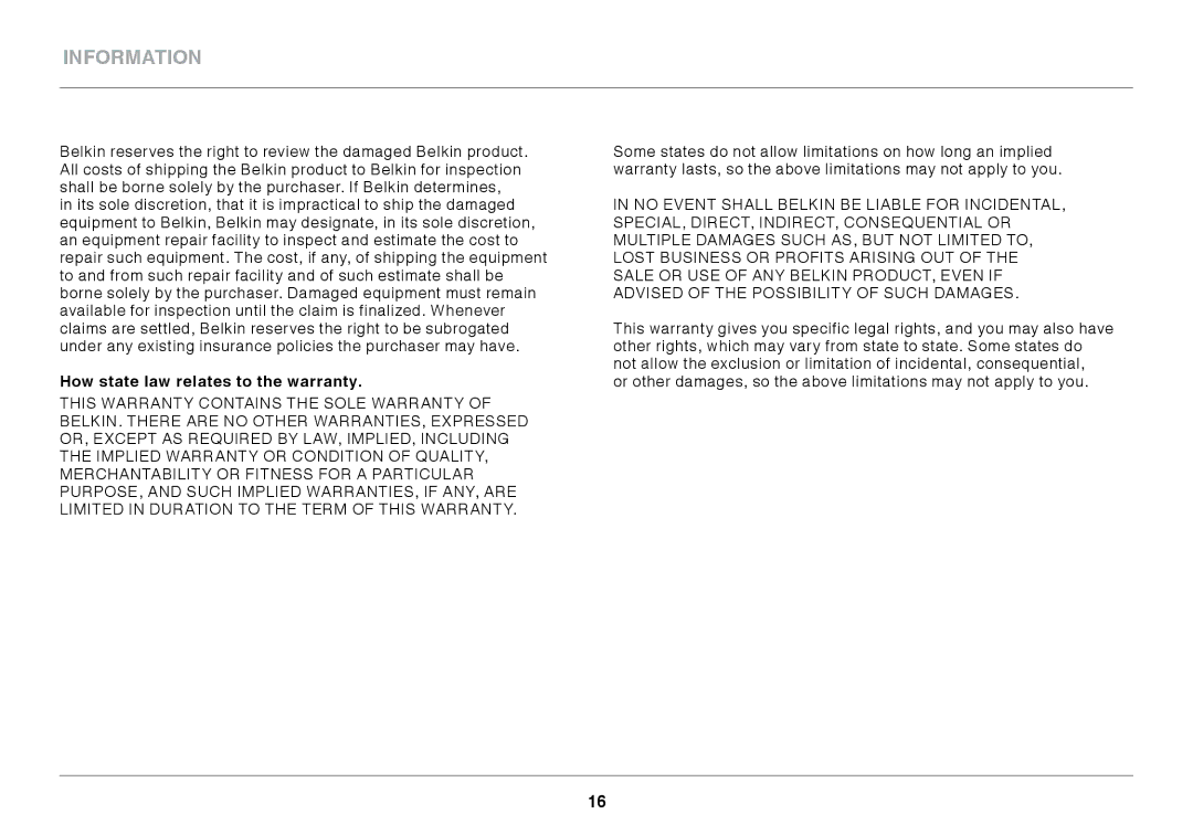 Belkin F7D4501 user manual How state law relates to the warranty 