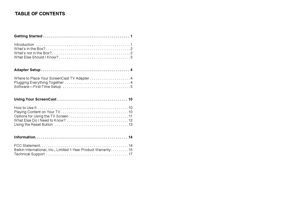 Belkin F7D4501 user manual Table Of Contents 