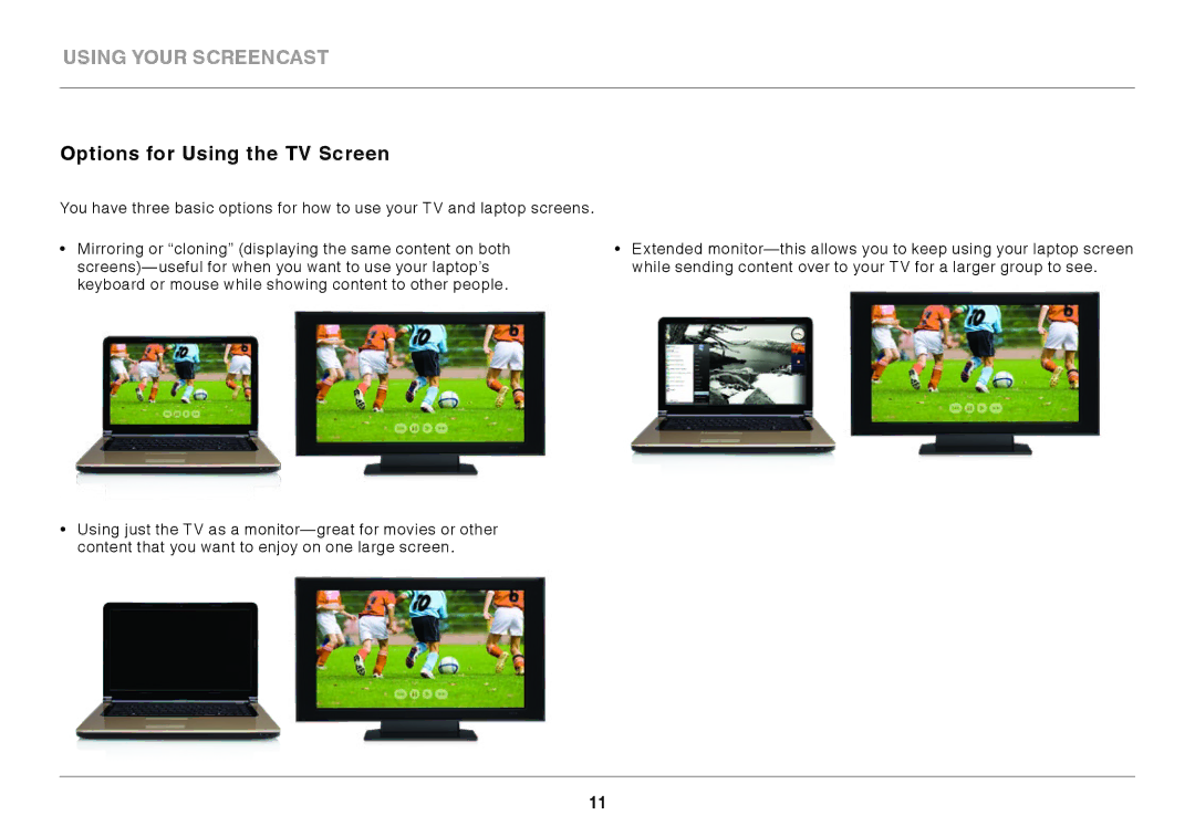 Belkin F7D4501 user manual Using your screencast, Options for Using the TV Screen 