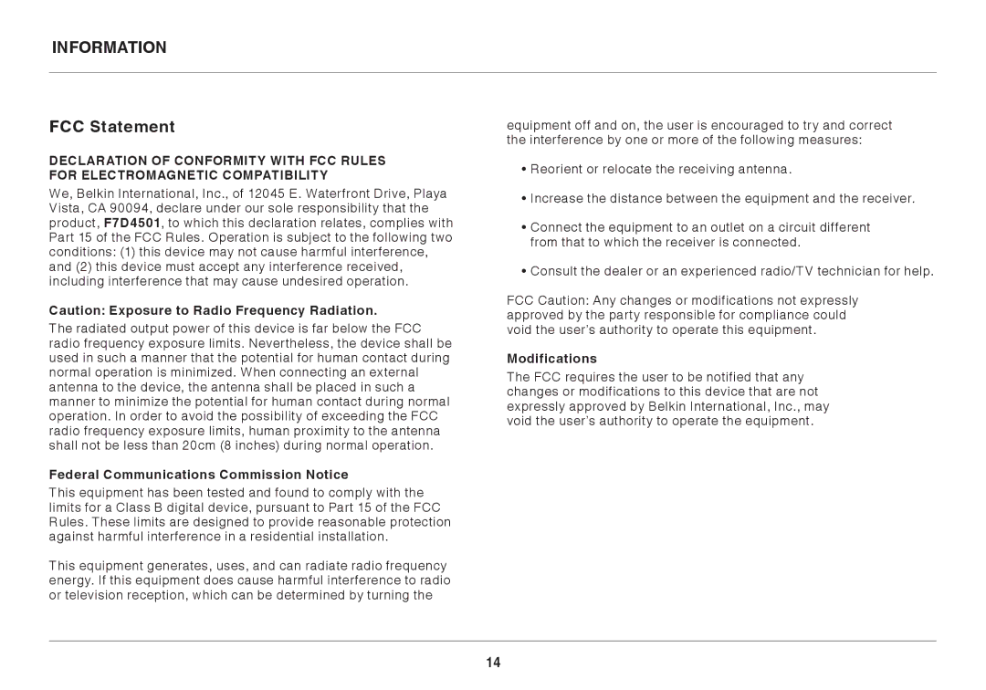 Belkin F7D4501 user manual Information FCC Statement, Federal Communications Commission Notice, Modifications 