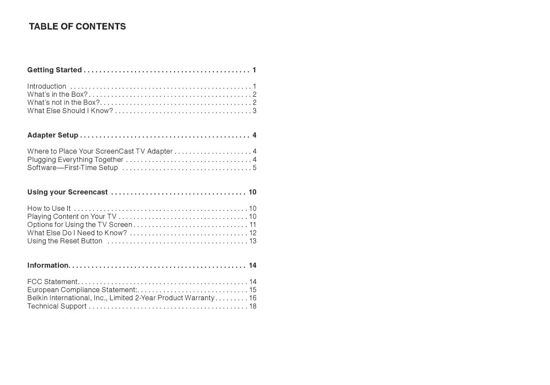 Belkin F7D4501 user manual Table Of Contents 