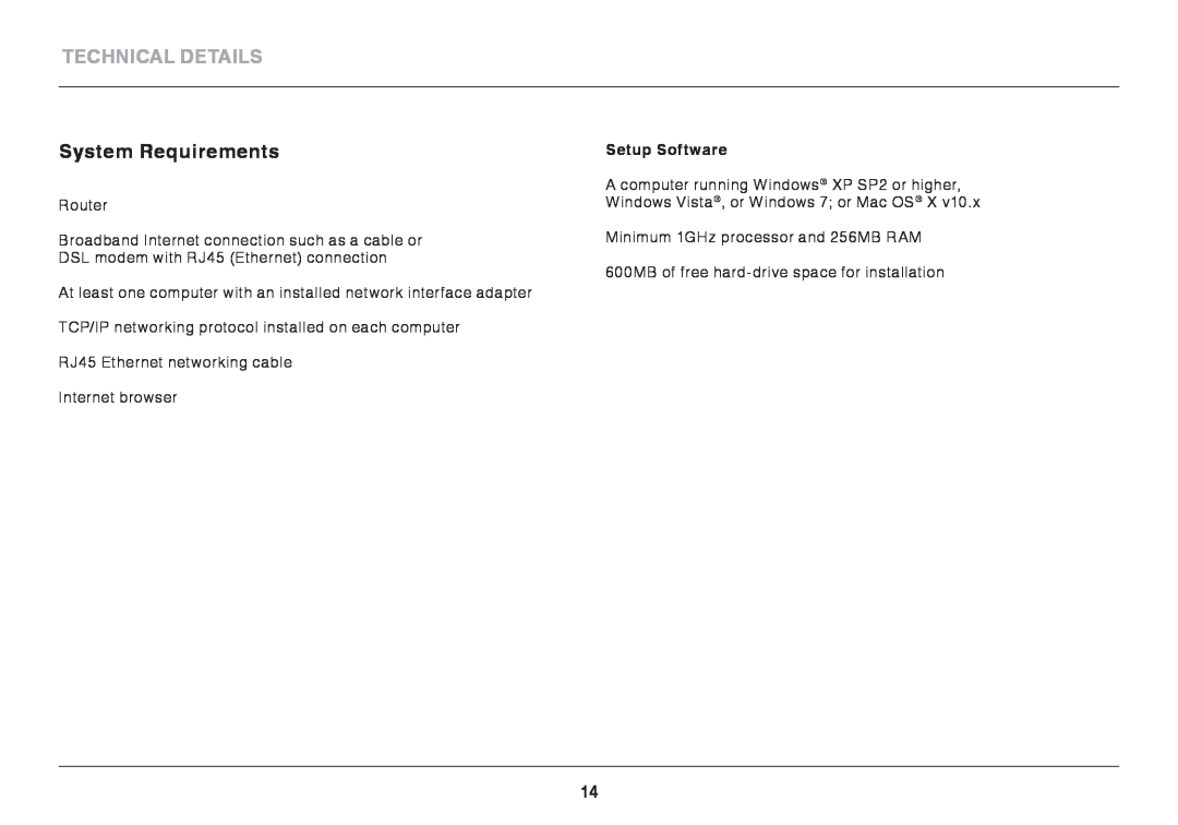 Belkin F7D6301 user manual Technical Details, System Requirements, Setup Software 