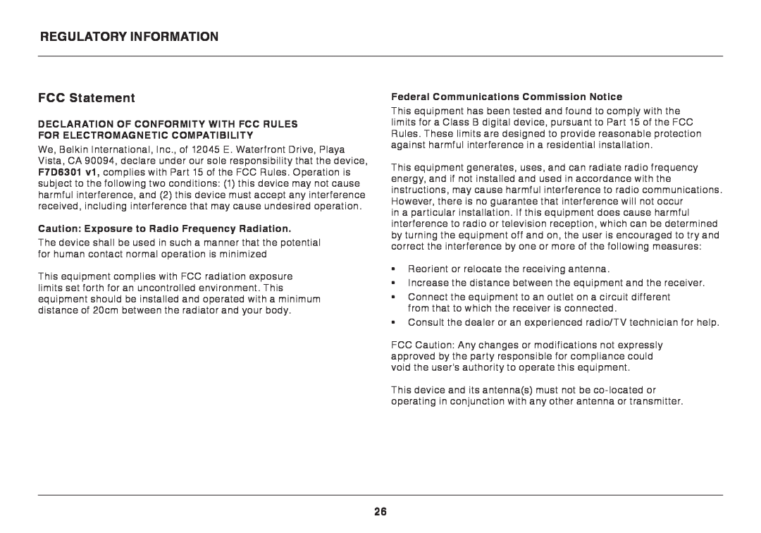 Belkin F7D6301 user manual Regulatory Information, FCC Statement, Caution Exposure to Radio Frequency Radiation 
