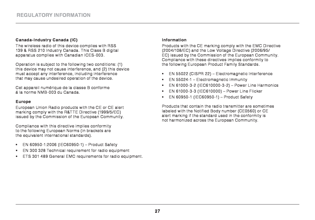 Belkin F7D6301 user manual Regulatory Information, Canada-Industry Canada IC, Europe 