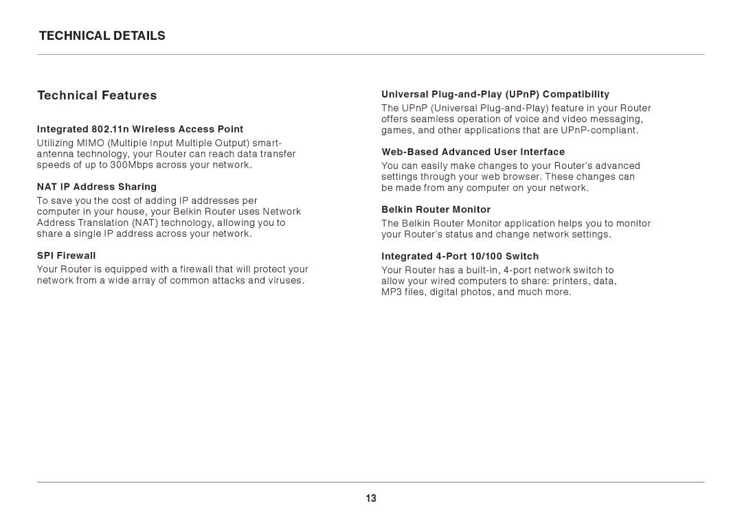 Belkin F7D6301 user manual Technical Details Technical Features 