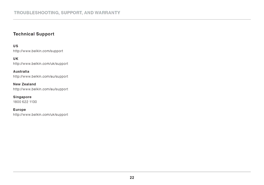 Belkin F7D6301 user manual Technical Support, Australia New Zealand Singapore, Europe 