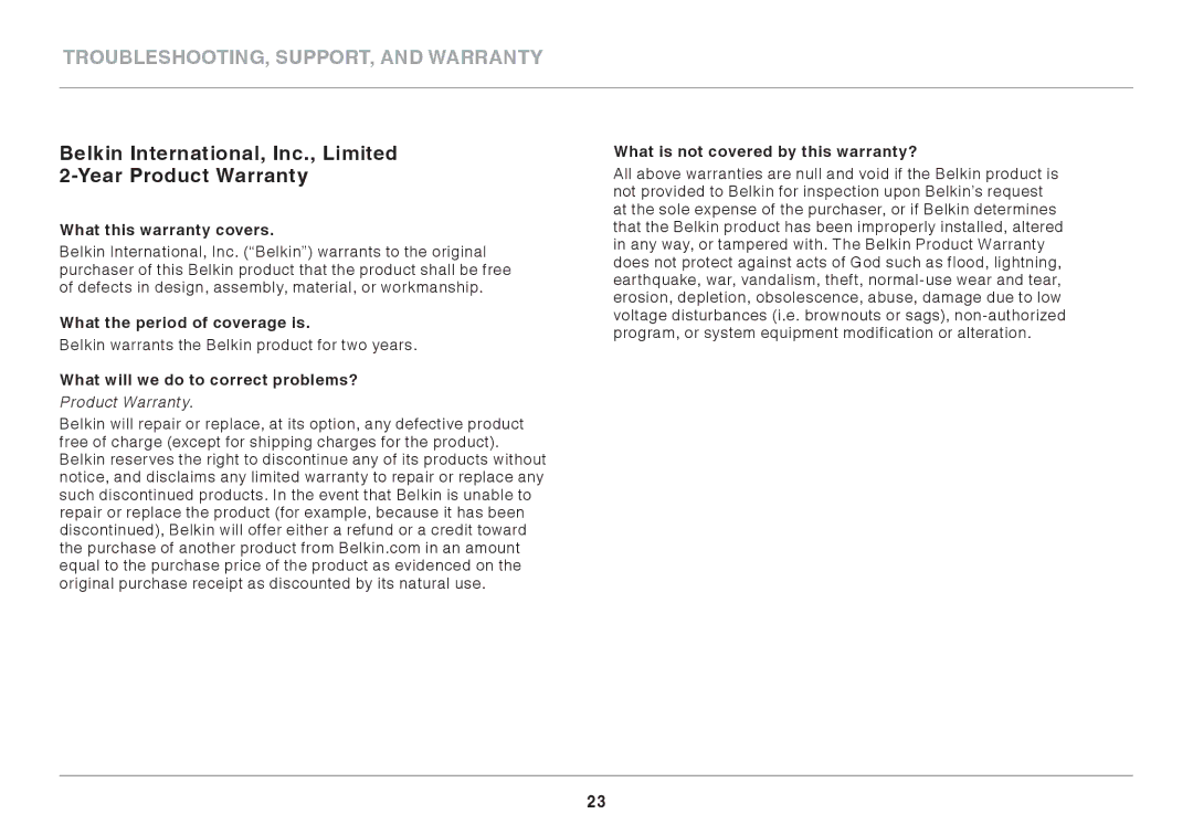 Belkin F7D6301 user manual What this warranty covers, What the period of coverage is, What will we do to correct problems? 