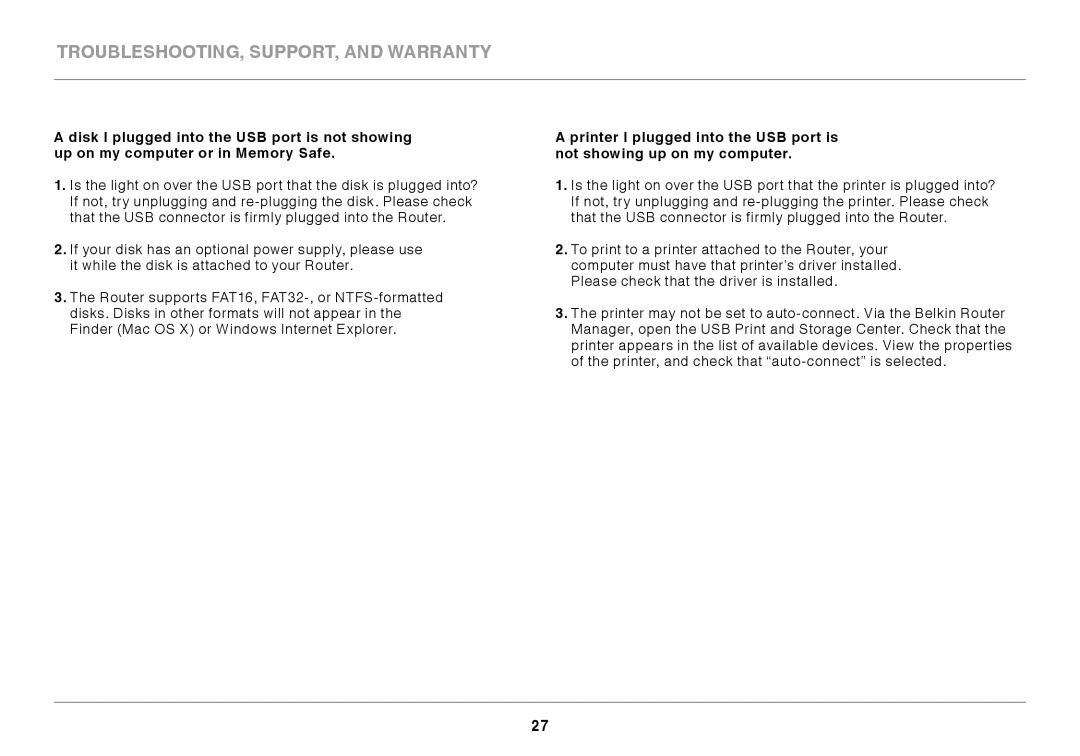 Belkin F7D7302 user manual Troubleshooting, Support, and Warranty 