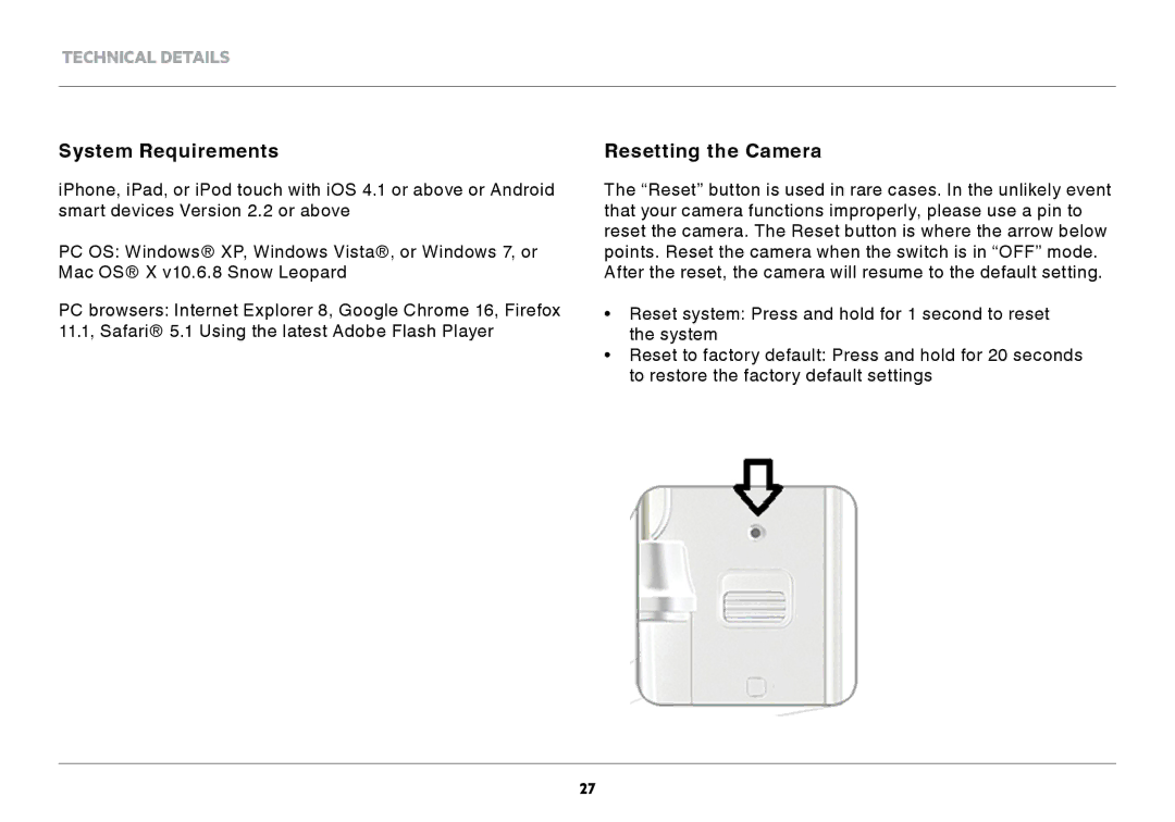 Belkin F7D7601v1 user manual System Requirements, Resetting the Camera 