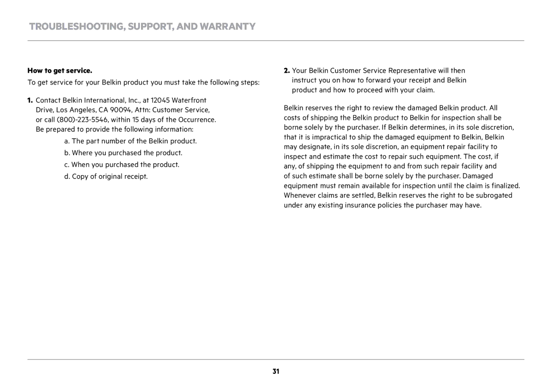 Belkin F7D7601v1 user manual How to get service 