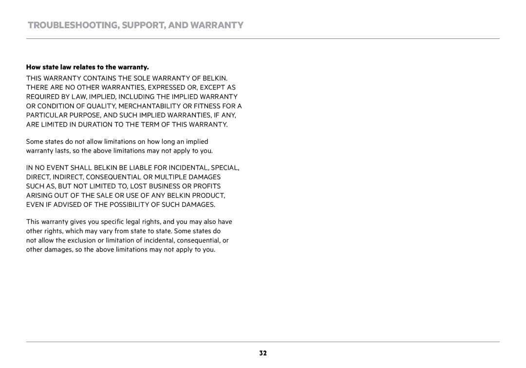 Belkin F7D7601v1 user manual How state law relates to the warranty 