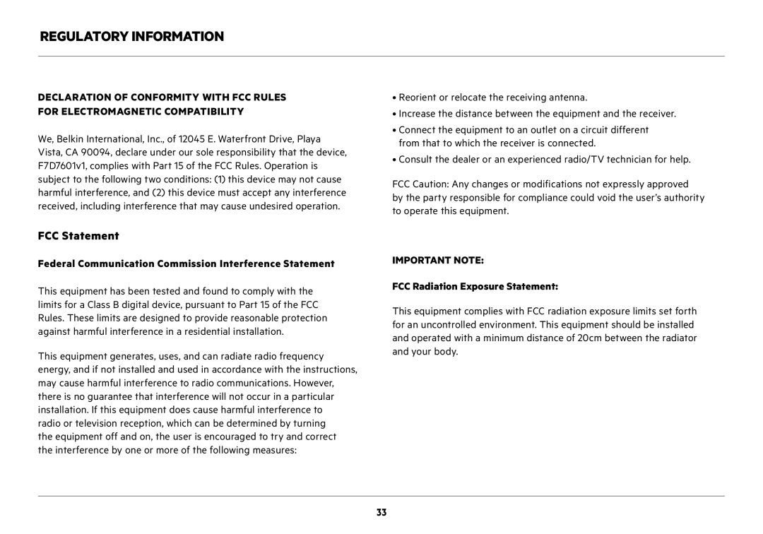 Belkin F7D7601v1 user manual FCC Statement, FCC Radiation Exposure Statement 