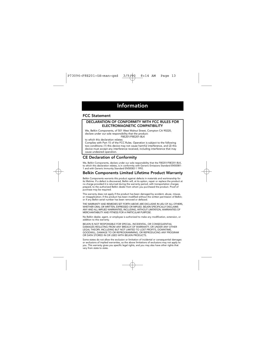 Belkin P73096, F8E201-BLK user manual Information, FCC Statement, CE Declaration of Conformity 