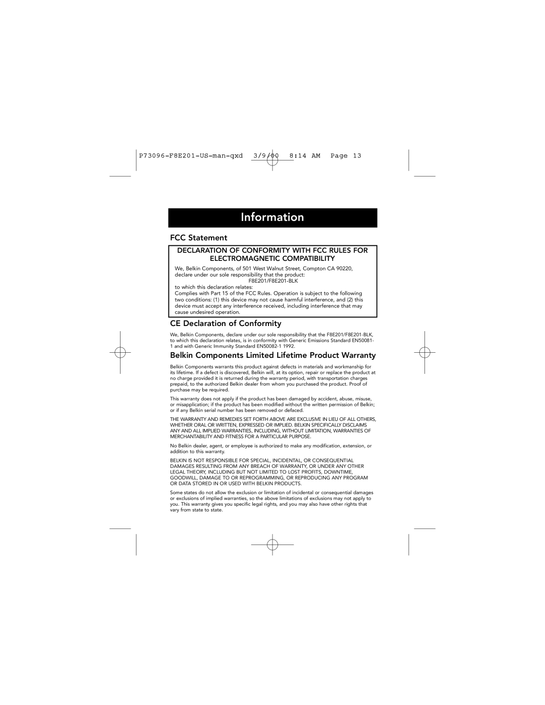 Belkin user manual Information, FCC Statement, CE Declaration of Conformity, P73096-F8E201-US-man-qxd 3/9/00 814 AM Page 