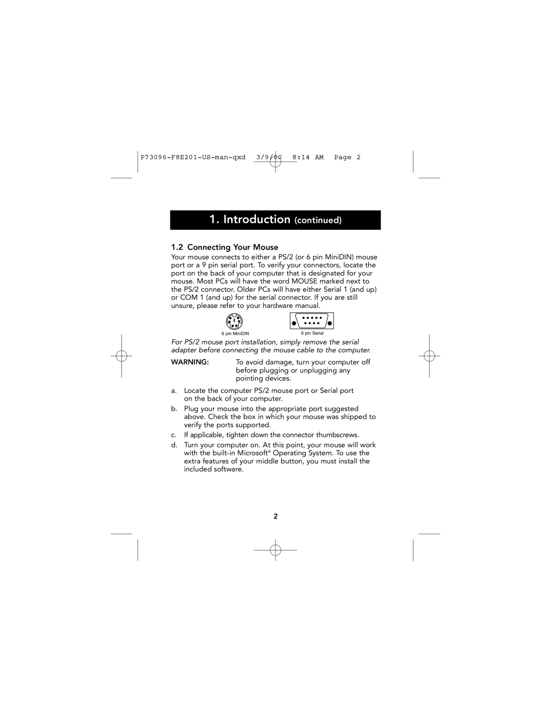 Belkin F8E201-BLK, P73096 user manual Introduction continued, Connecting Your Mouse 