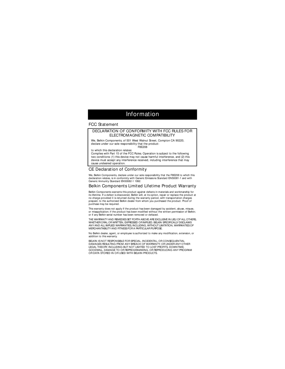 Belkin P73095, F8E208 user manual Information, FCC Statement, CE Declaration of Conformity 