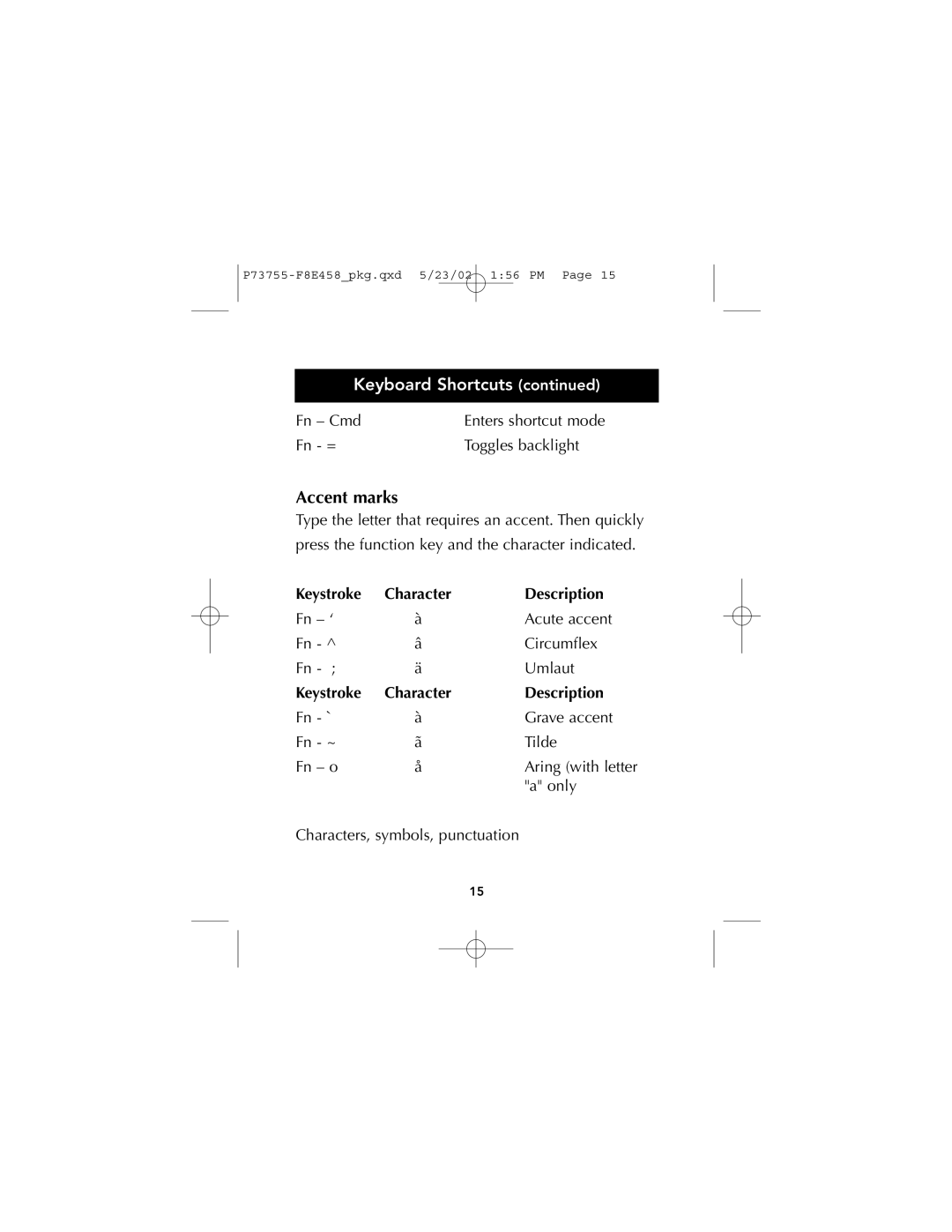 Belkin P73755, F8E458 manual Accent marks, Description 