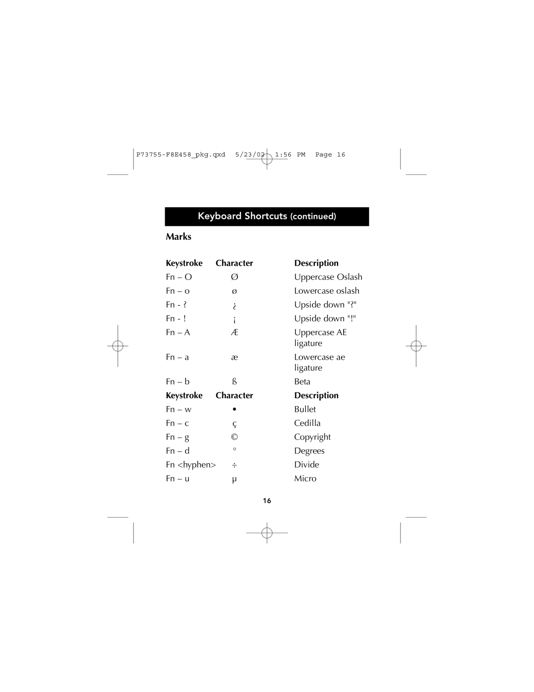 Belkin F8E458, P73755 manual Marks, Keystroke Character Description 