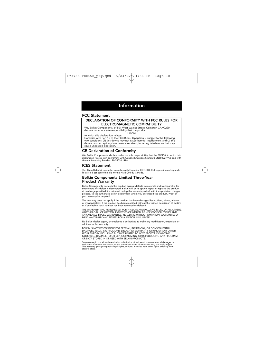 Belkin F8E458, P73755 manual Information, FCC Statement 