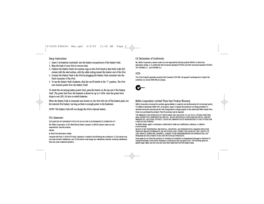 Belkin F8E464 manual Setup Instructions, FCC Statement, CE Declaration of Conformity, Ices 