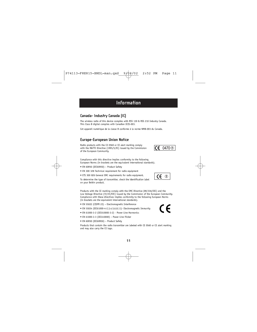 Belkin 74113, F8E815-BNDL user manual Canada- Industry Canada IC 