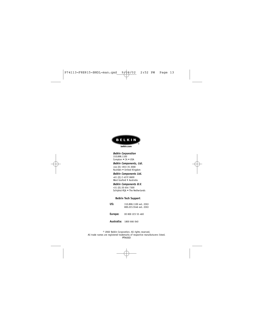 Belkin 74113, F8E815-BNDL user manual Belkin Corporation 