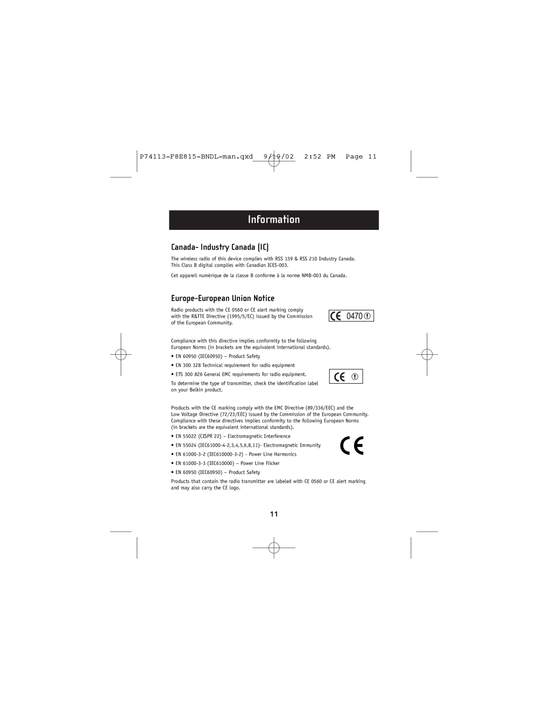 Belkin 74113, F8E815-BNDL user manual Information, Canada- Industry Canada IC, Europe-European Union Notice 