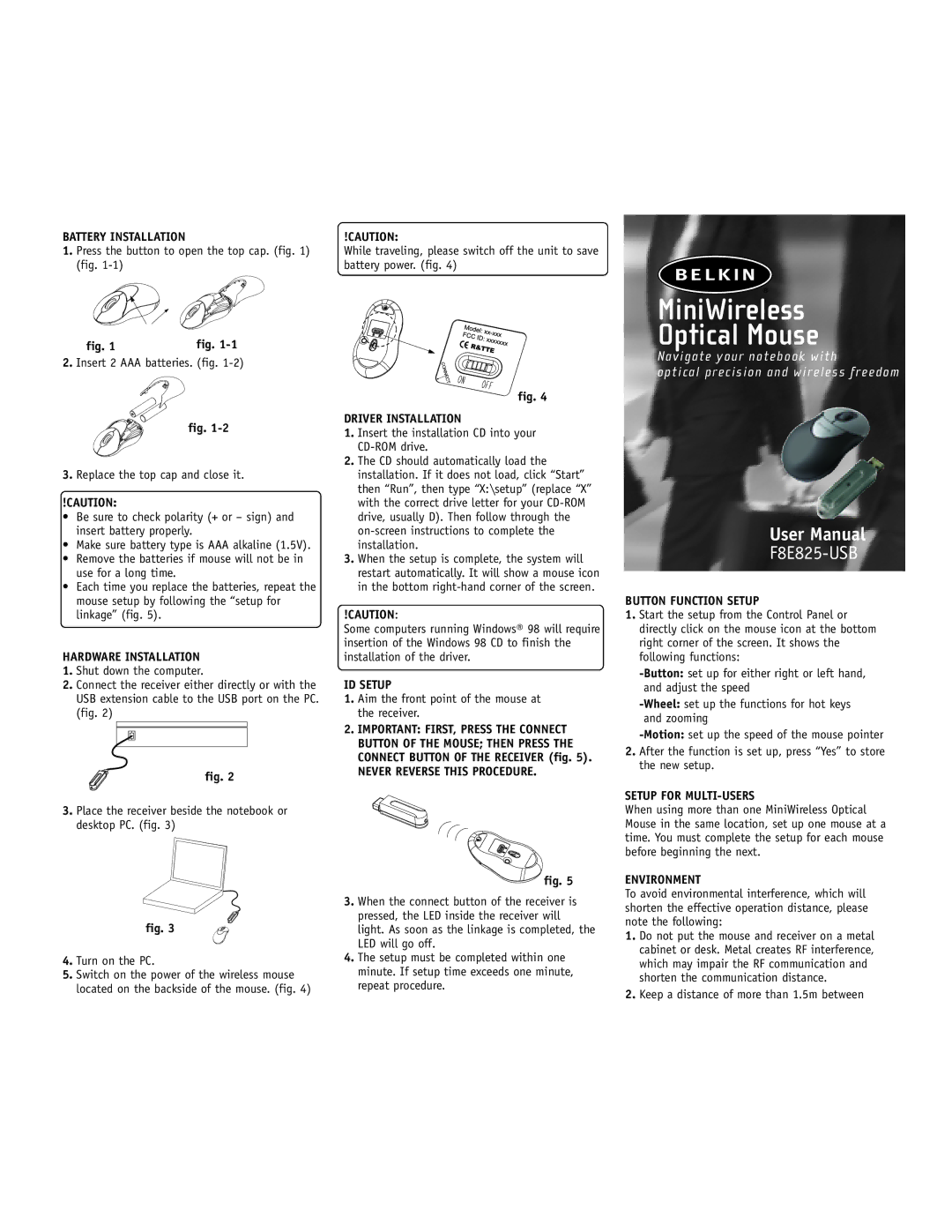 Belkin F8E825-USB user manual Battery Installation, Hardware Installation, Driver Installation, ID Setup, Environment 