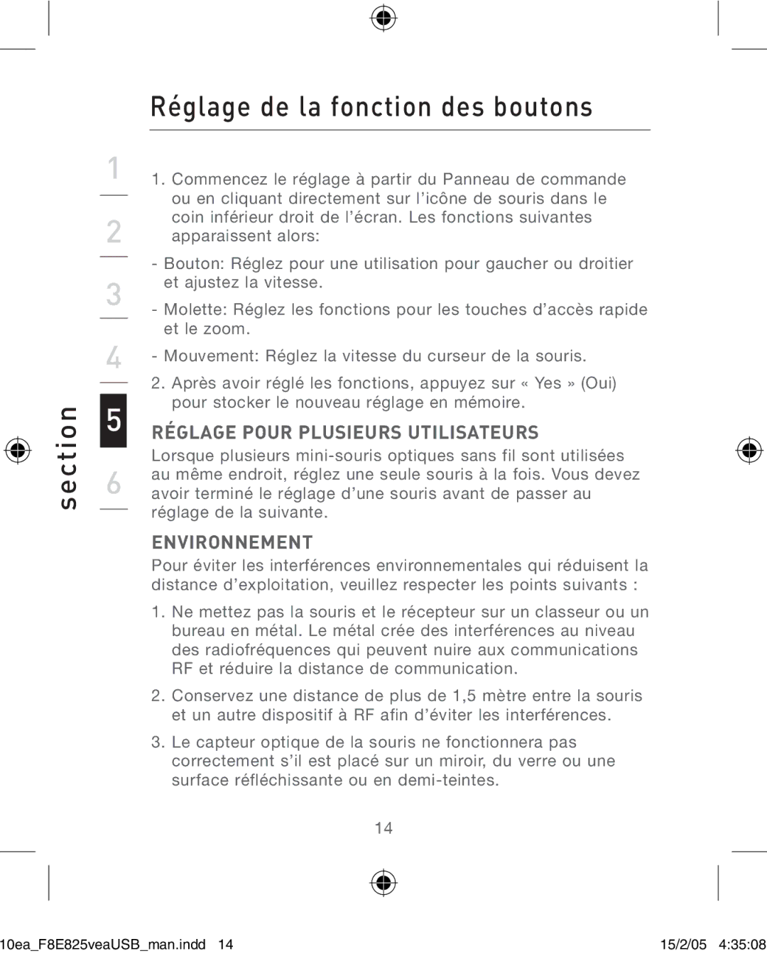 Belkin F8E825VEAUSB Section Réglage de la fonction des boutons, Réglage Pour Plusieurs Utilisateurs, Environnement 