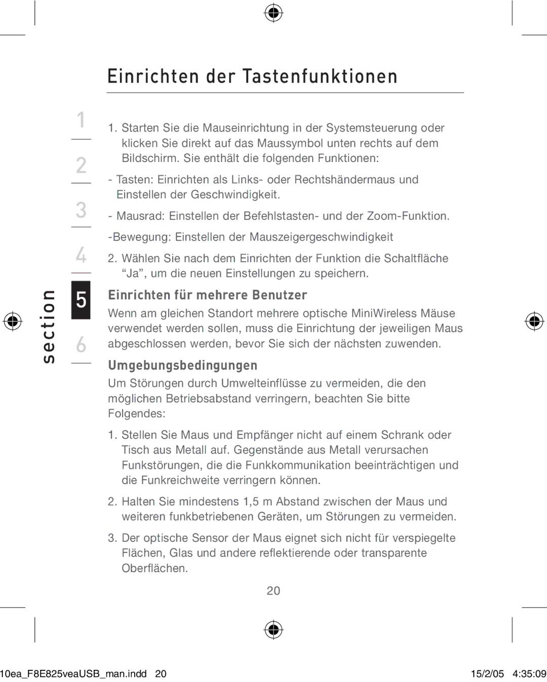 Belkin F8E825VEAUSB Section Einrichten der Tastenfunktionen, Einrichten für mehrere Benutzer, Umgebungsbedingungen 