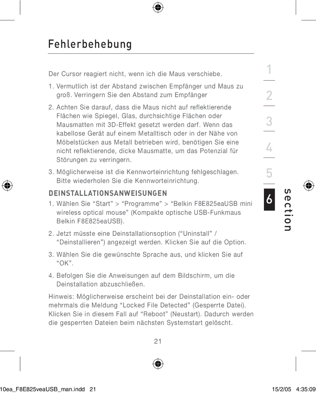 Belkin F8E825VEAUSB user manual Fehlerbehebung, Deinstallationsanweisungen 