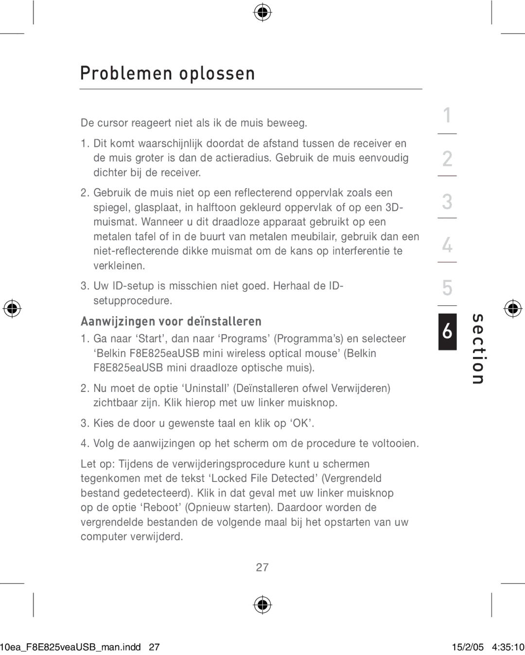 Belkin F8E825VEAUSB user manual Problemen oplossen, Aanwijzingen voor deïnstalleren 