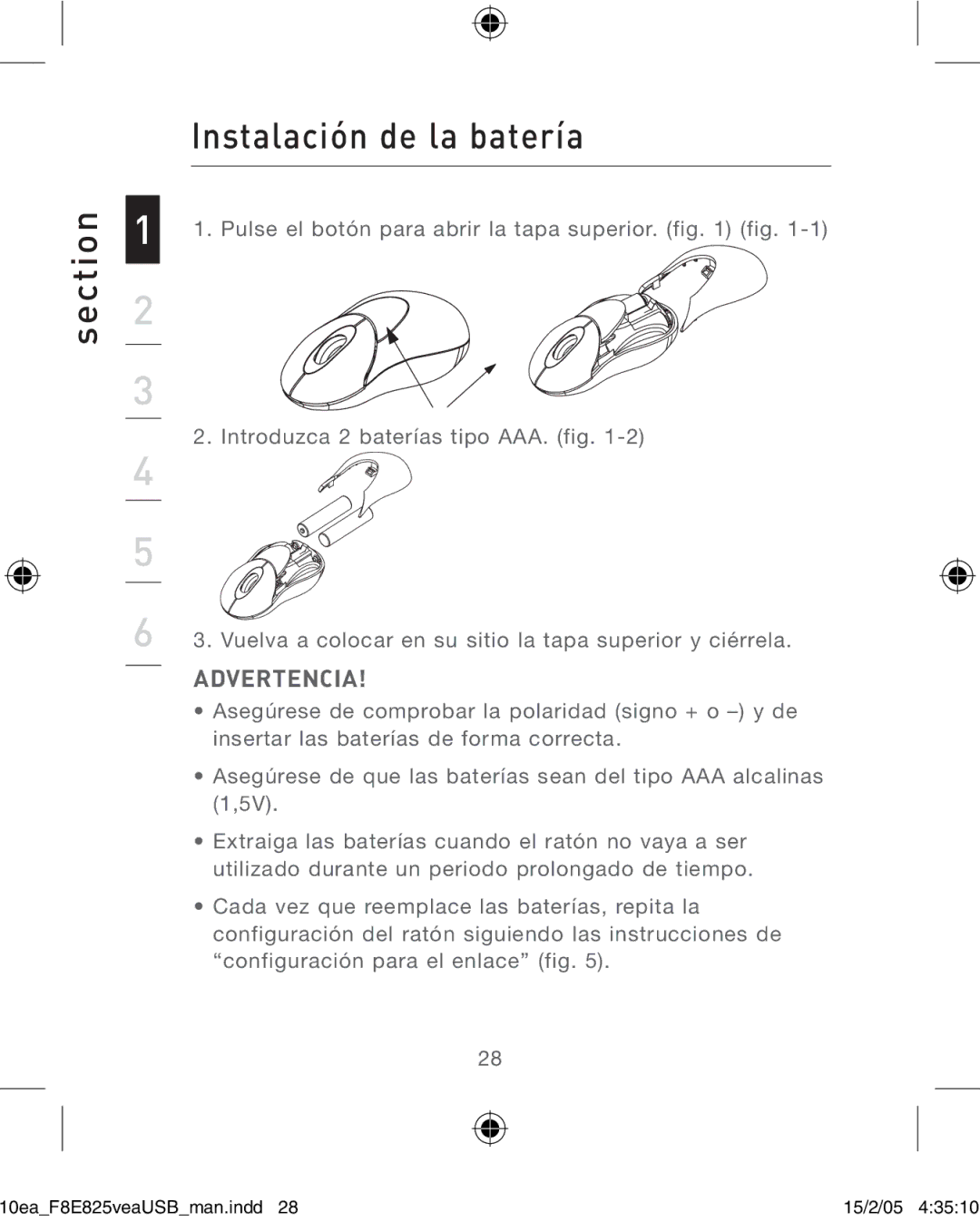 Belkin F8E825VEAUSB user manual Section Instalación de la batería, Advertencia 