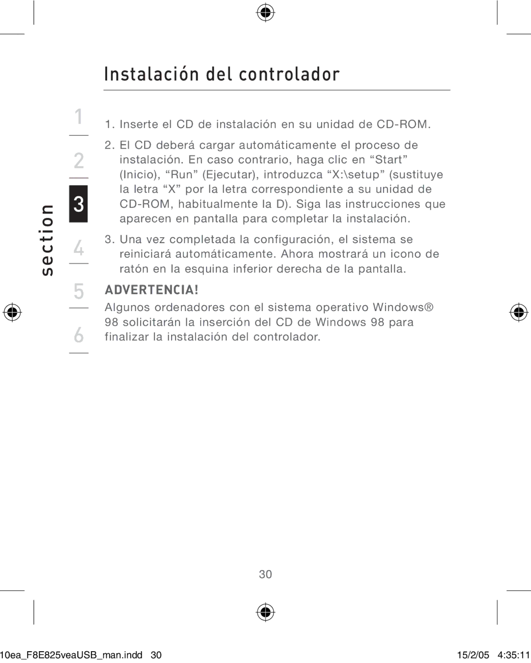 Belkin F8E825VEAUSB user manual Section Instalación del controlador 