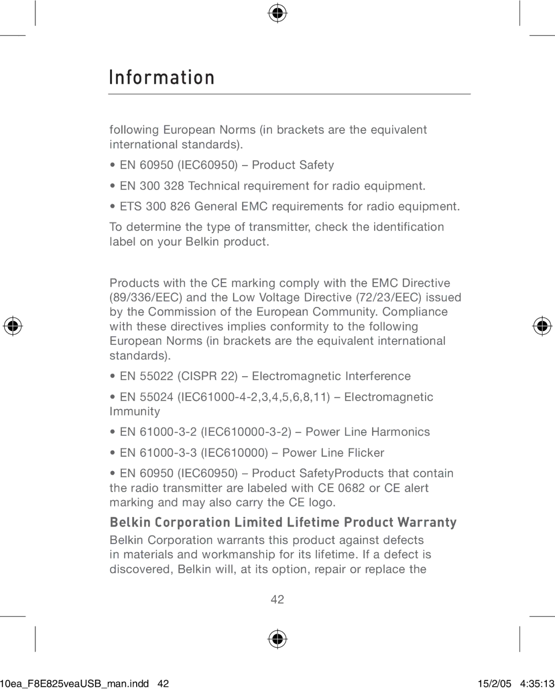 Belkin F8E825VEAUSB user manual Belkin Corporation Limited Lifetime Product Warranty 