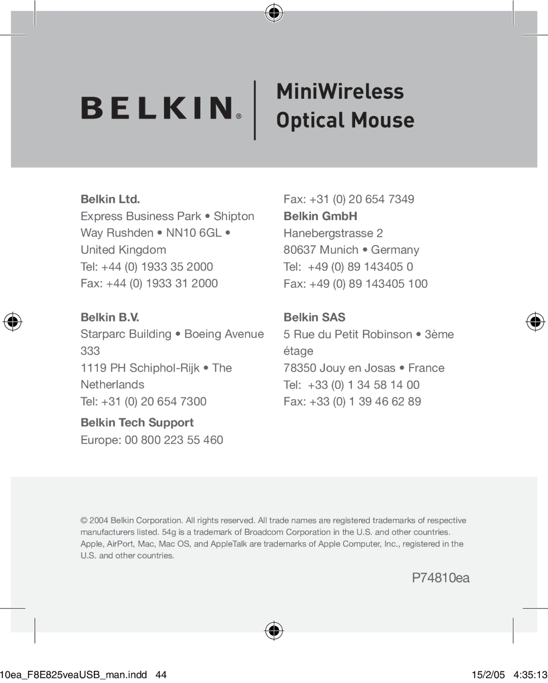 Belkin F8E825VEAUSB user manual P74810ea 