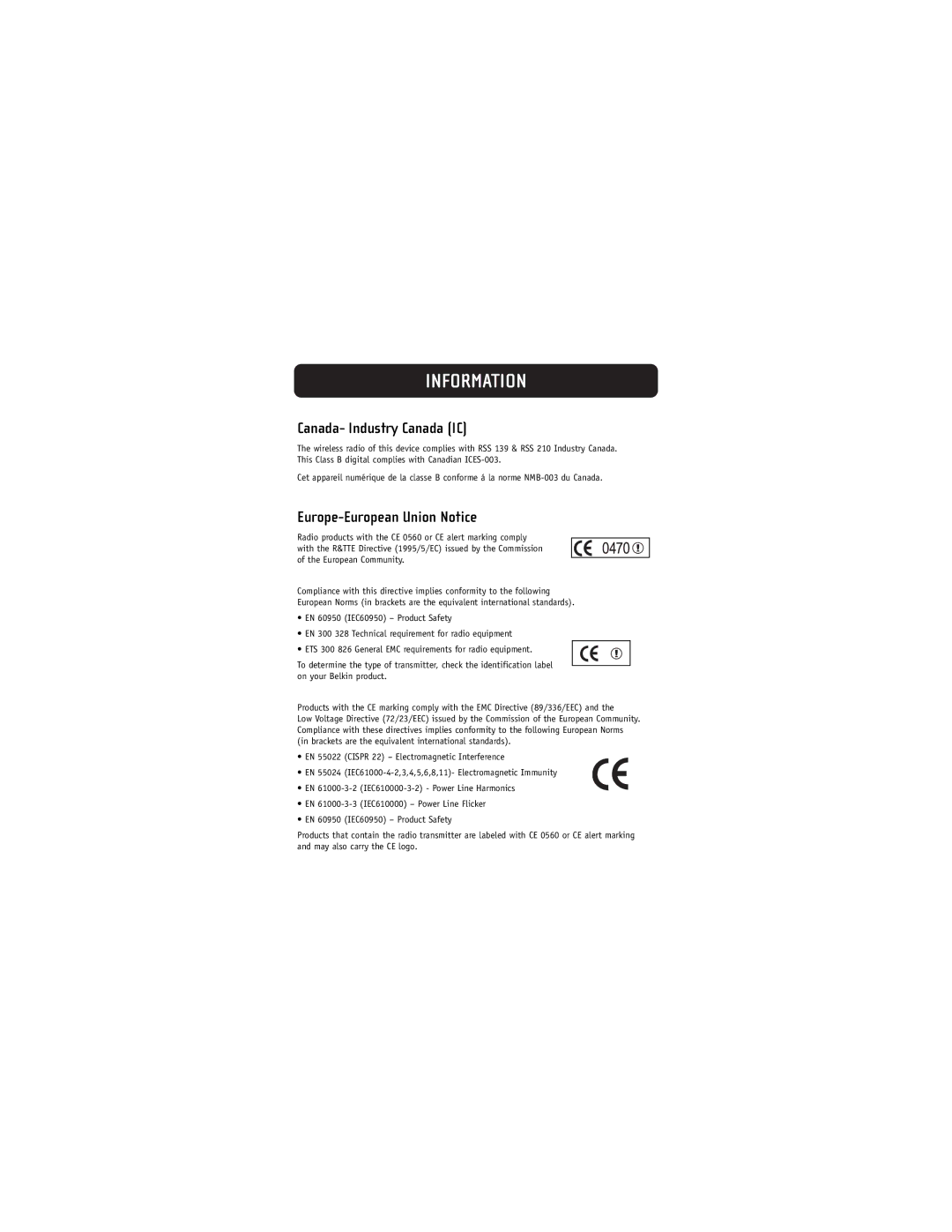 Belkin F8E832-BNDL user manual Canada- Industry Canada IC, Europe-European Union Notice 