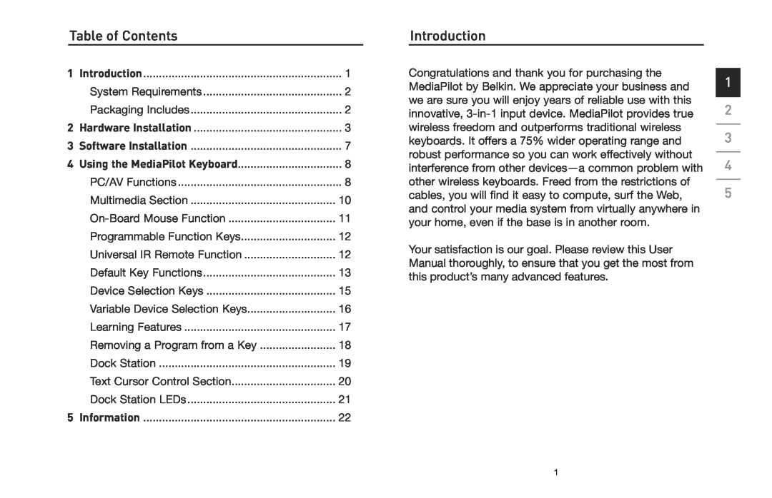 Belkin F8E838 manual Table of Contents, Introduction 