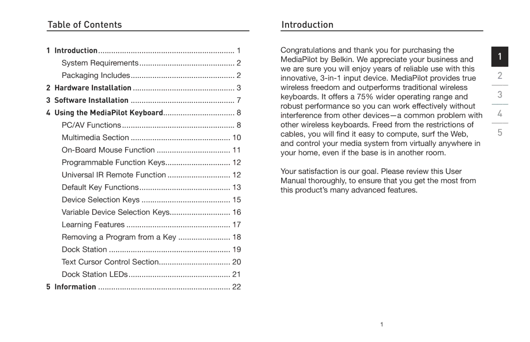 Belkin F8E838 manual Table of Contents, Introduction 