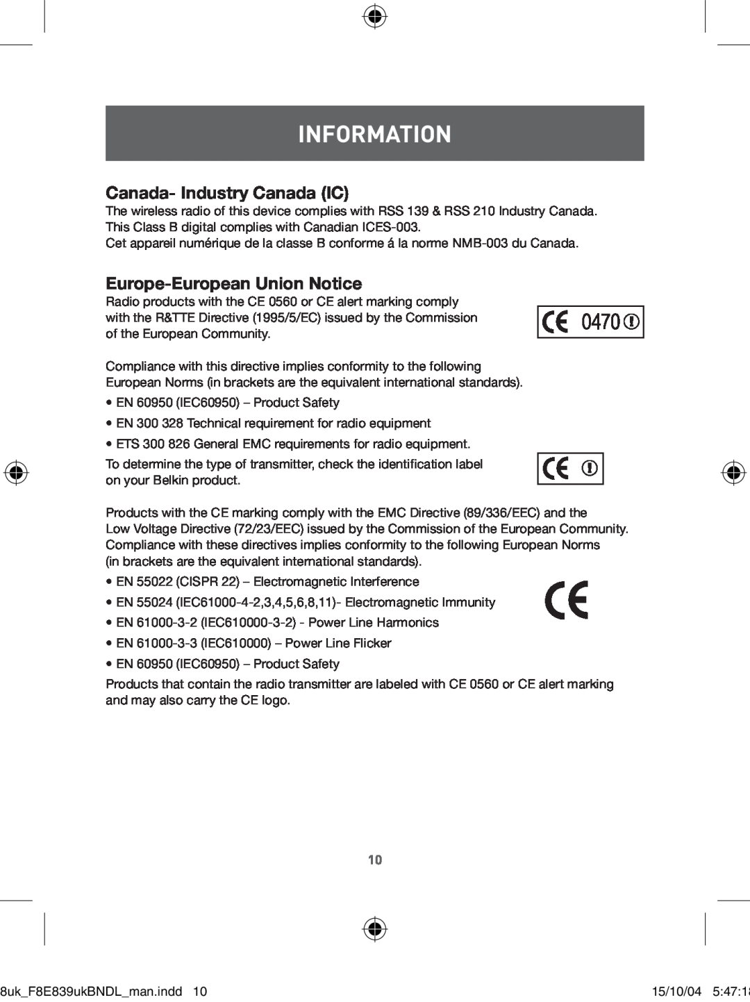 Belkin F8E839UKBNDL user manual Canada- Industry Canada IC, Europe-European Union Notice, Information 