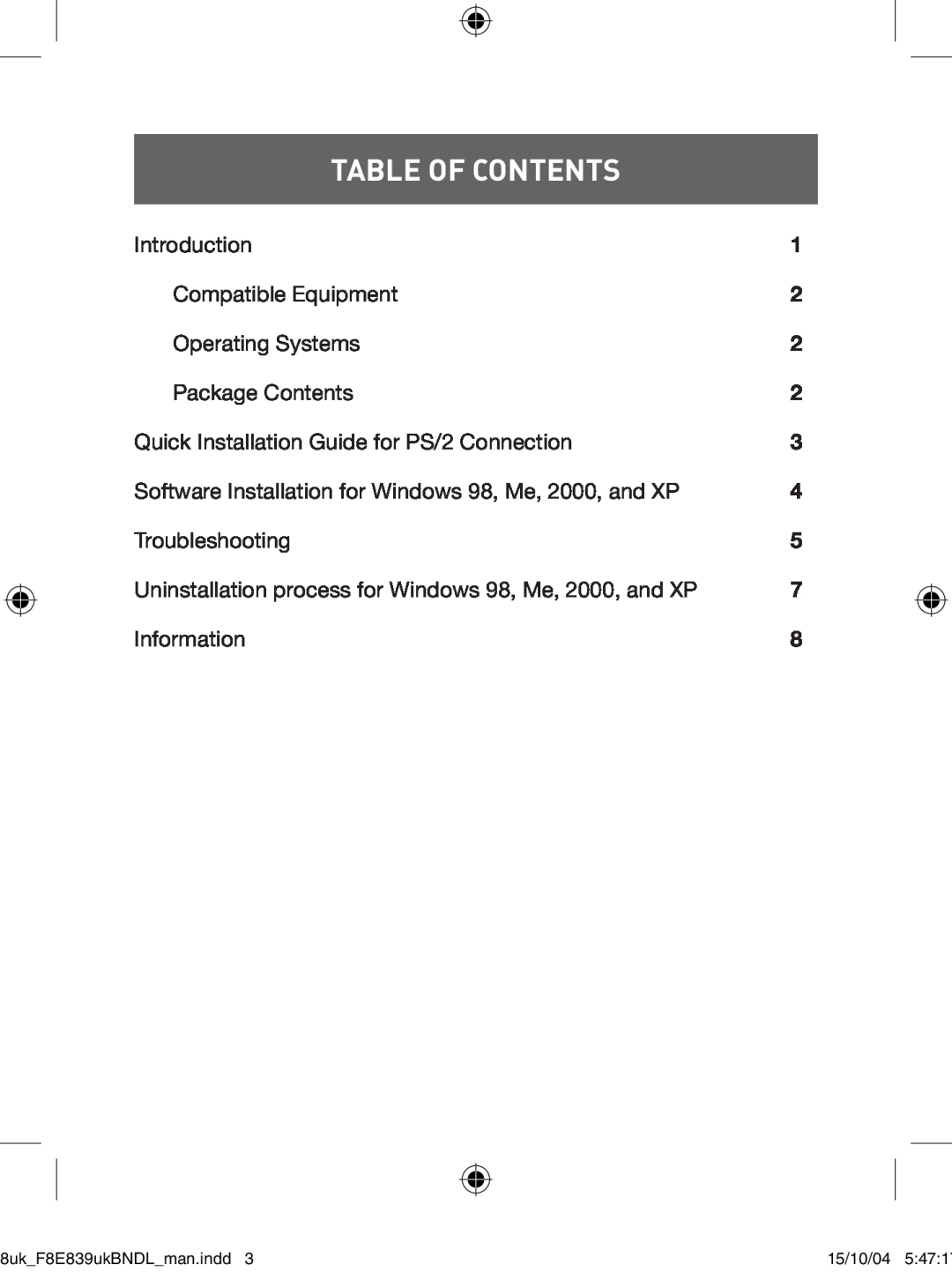 Belkin F8E839UKBNDL user manual Table Of Contents, Introduction, Compatible Equipment, Operating Systems, Package Contents 