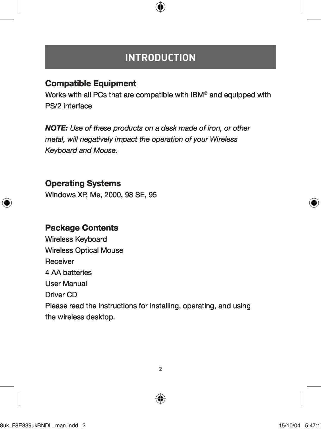 Belkin F8E839UKBNDL user manual Compatible Equipment, Operating Systems, Package Contents, Introduction 