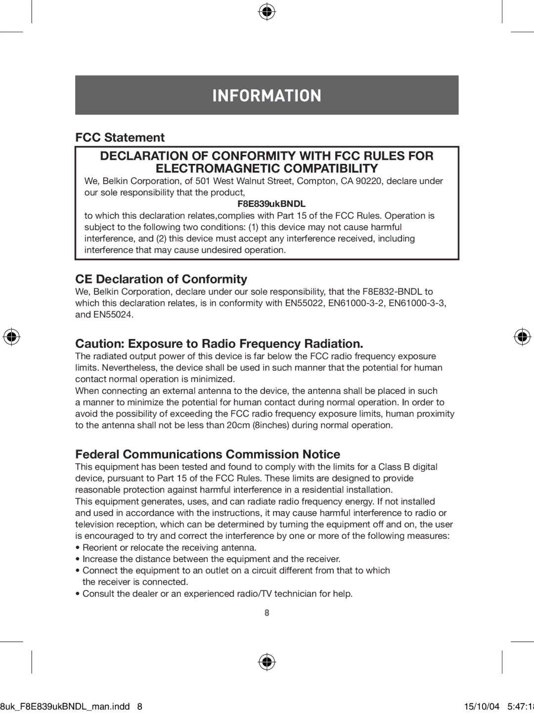 Belkin F8E839UKBNDL user manual Information, F8E839ukBNDL 