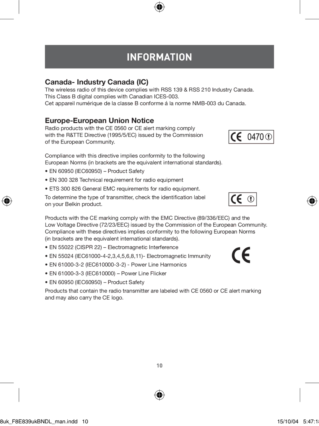 Belkin F8E839UKBNDL user manual Canada- Industry Canada IC 